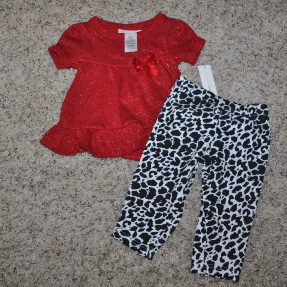Girls Christmas Dress Top & Pants 3T Red Glitter, Black Animal Print Wonderkids